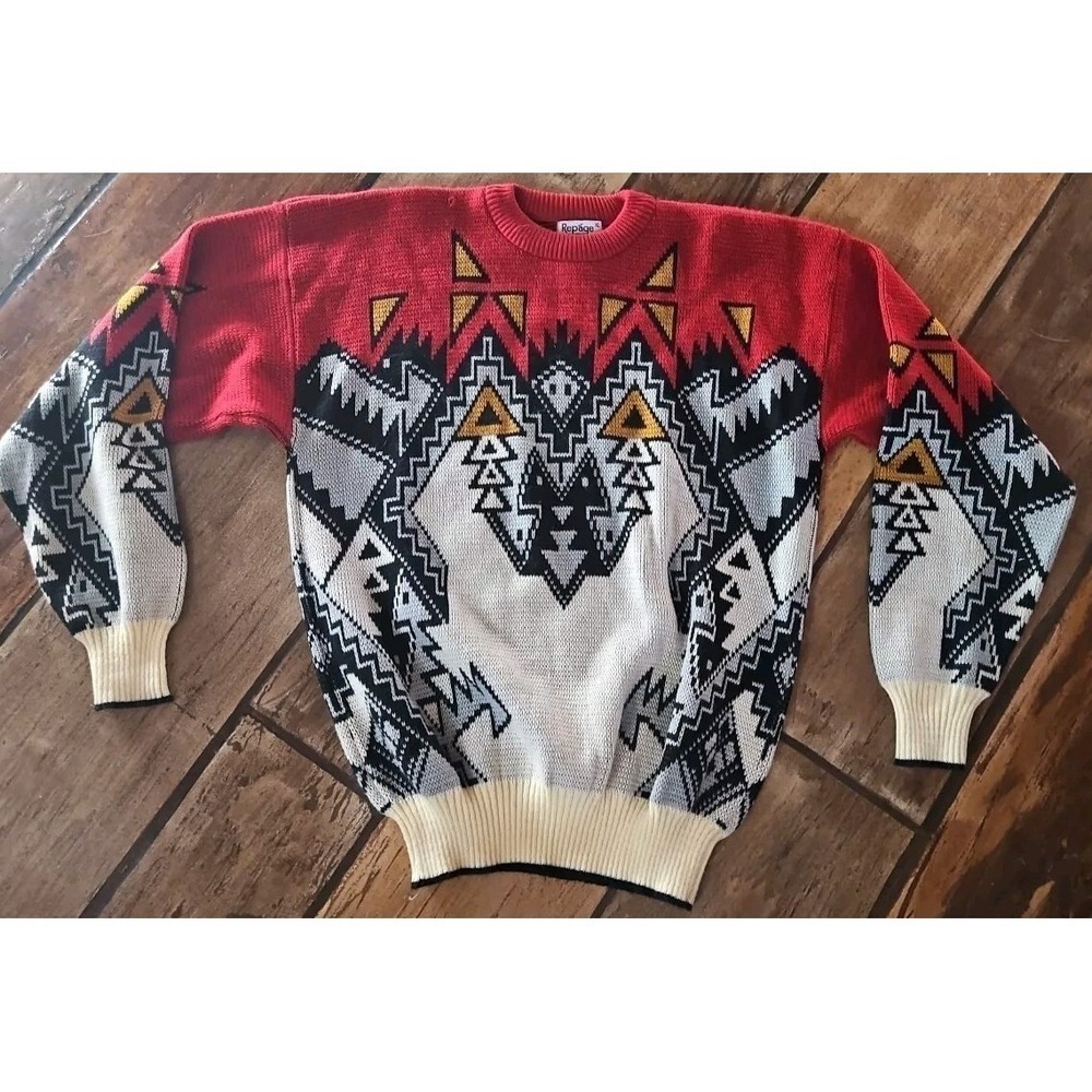 VTG‎ Repage Cable Knit Sweater Geometric Design Red/blk/gold Size XL 80s 90s